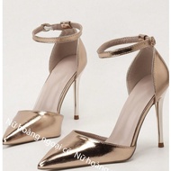 Large size shoes for women, 9 cm tall, pointed toe, ankle strap, easy to walk in, all sizes 32-45