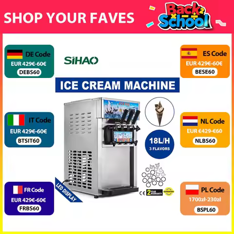 SIHAO Commercial Soft Serve Ice Cream Machine - Tri-Flavor 18L/H with LCD Display & One-Touch Cleani