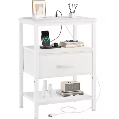 Compact Nightstand with Charging Station Adjustable Drawer 3-Tier Bedroom Storage Organizer White