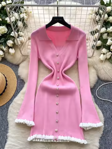 Knitted Dr Women's Slim Fit Midi Dr Autumn Wood ain Collar Ele Lady Long Sve High Waist A-Line ...