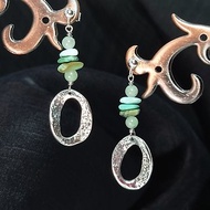 耳環 原礦隨形 綠松石 土耳其石 綠瑪瑙 手工鍛敲波浪銀圈 銀飾