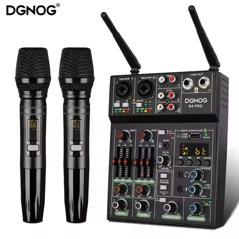 4 Channel Audio Mixer with Wireless Microphone USB Sound Table Bluetooth Console DJ Mixing for Party