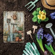 2D Flat, 1pc Vintage Gardening Tools & Potted Plants Metal Tin Sign, Garden Wall Hanging Poster, Pot