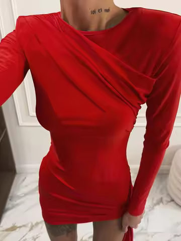 JULISSA MO Elegant Long Sleeve Ribbon Mini Dress Women Red Round Neck Ruched Dress Female Winter Sli