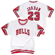 IMPORTED EMBROIDERED BASKETBALL JERSEY WITH SLEEVES BULLS 23 MICHAEL JORDAN WHITE WARMUP LOGO