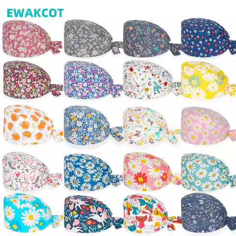 Women Surgicals Caps Anime Printing Elastic Pure Cotton Nursing Hats Dentist Lab Beauty Salon Clinic