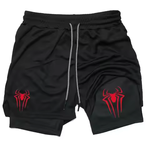 2-in-1 sports shorts men's spider print casual sports tight shorts fitness running sports shorts