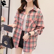 MBeauty เสื้อเชิ้ตแขนยาว เสื้อเกาหลีมินิมอลพิมพ์ลายสก๊อตสำหรับผู้หญิง สไตล์เกาหลี เสื้อเชื้ตหญิงลายส