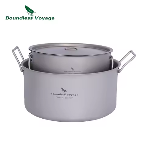 Boundless Voyage 2L 5L Big Capacity Soup Pot Titanium Camping Pot with Lid Folding Handle for Hiking