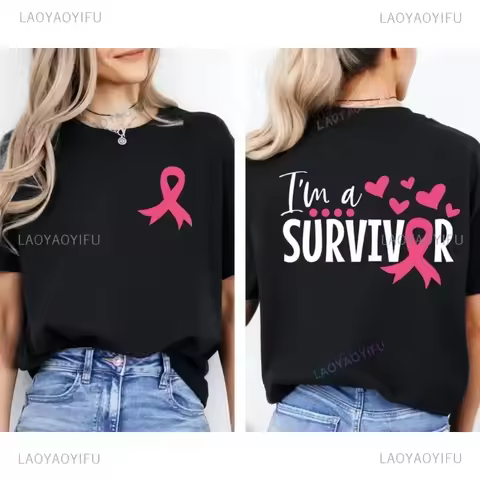 Pink October Cancer Awareness T-shirt I Am A Survivor Cotton TShirt Breast Cancer Pink Ribbon Ladies
