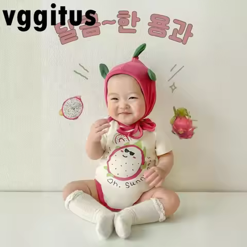 2025 New Summer Korean Style Baby Girl Boy Bodysuit Dragon Fruit Print Design Short Sleeves Round Ne