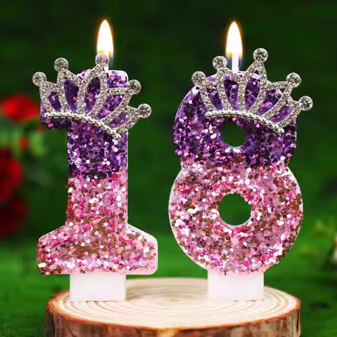 0-9 Gradient Pink Purple Glitter Crown Number Birthday Candles, Rhinestone Cake Topper for 18th Birt