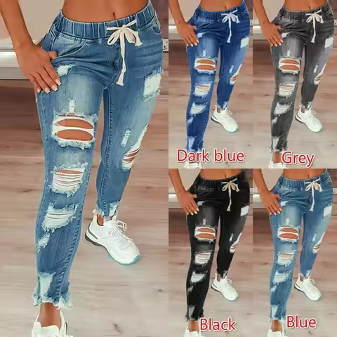 Fashion Vintage Blue Ripped Jeans Women Elastic Waist Drawstring Pencil Denim Jeans Office Lady Hole