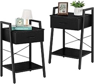 Black Night Stand Set of 2 Industrial 3-Tier Bedside Table with Fabric Drawers and Open Storage Shelves Small Nightstand End Table for Bedroom Living Room Guest Room Dorm
