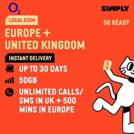 SIMPLY [eSIM] O2 UK/Europe 30 Days 50GB + Calls/SMS | Local UK eSIM | No Registration Required
