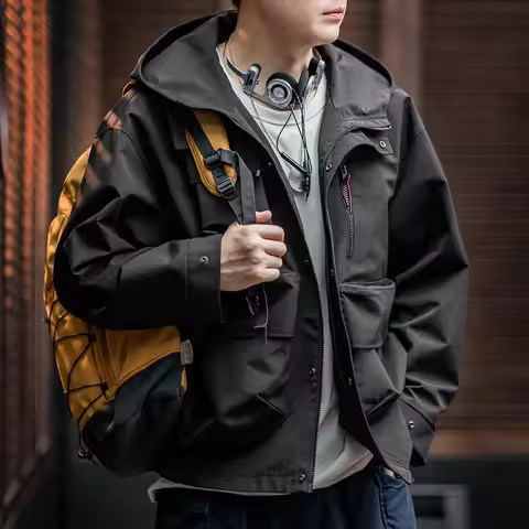 Maden Casual Multi-Pocket Functional Hooded Jacket Black Loose Outdoor Sports Coat for Men's Spring 