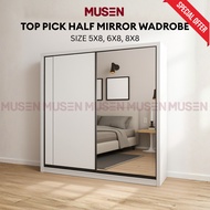 🔥SIAP PASANG🔥MUSEN Top Pick Sliding Premium Wardrobe/ HALF MIRROR/ Almari/ 5x8 6x8 8x8/ Almari Baju