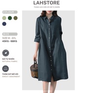 LAHSTORE linen dress with shirt collar, rolled-up sleeves, flared shape, cut-out waist DS30 (Dark Bl