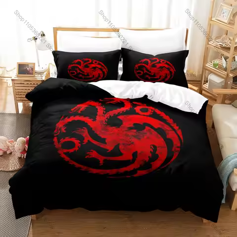 House of the Dragon Bedding Set Duvet Cover + 2 Pillowcases Black Dragon Targaryen Medieval Fantasy