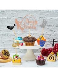 6入組釣魚主題生日蛋糕裝飾組合,派對用品杯子蛋糕插,適用於生日派對。
