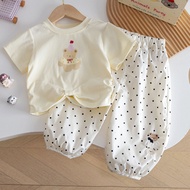 [Ready Stock Free Shipping 90-130 Size] Girls Suit Pure Cotton Cute Short-Sleeved T-shirt+Polka Dot 