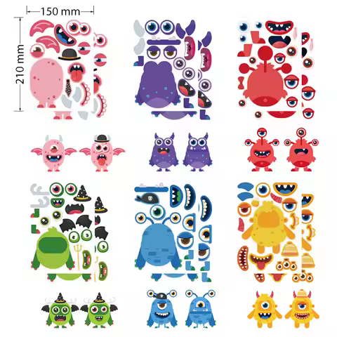 6/12Sheets Children DIY Monster Puzzle Sticker Funny Face Expression Assemble Jigsaw Stickers Kids E