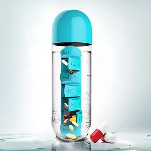 Weekly Pill Box Organizer with Water Bottle, 600ml, 7-Day Portable Pill Vitamins Holder Case, 2 in 1