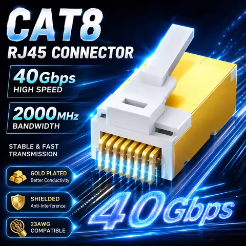 100Pcs CAT8 RJ45 Connector Shielded Gold Plated Ethernet Modular Plug 40Gbps 2000MHz 23AWG 24AWG LAN