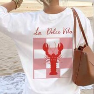 Women's Vintage Ladoiro Civita Lobster Checkered Short Sleeve T-Shirt, Italian Summer Seaside Style 
