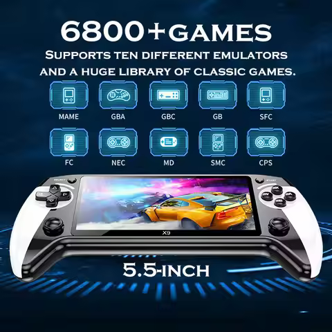 The X9 retro handheld game console has a 5.5-inch screen and comes pre-installed with a 6800 portabl