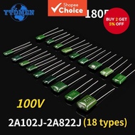 180PCS 100V Polyester Film Capacitor Assortment Kit 2A102J-2A822J 18Values *10pcs 102 222 472 103 22
