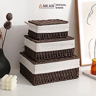 Giỏ Mây Có Nắp Đựng Đồ, Đựng Mỹ Phẩm, Đựng Đồ Ăn Vặt Để Bàn, Decor Chụp Ảnh Sản Phẩm Lót Vải Vintage