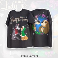 Disney Ladies Pyjamas Lady and The Tramp เสื้อยืดพิมพ์ลายน่ารักเสื้อสีแดงสำหรับผู้ชายและผู้หญิง - เส