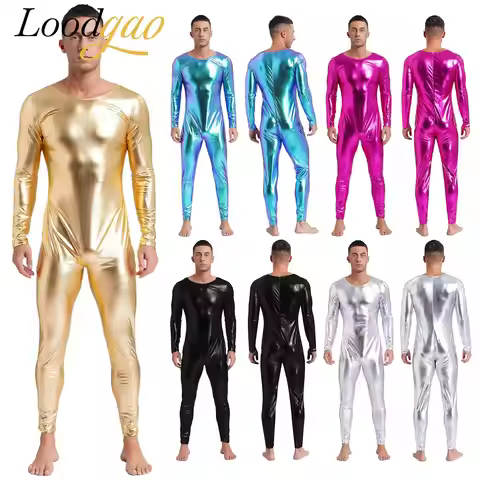 Mens Stage Costumes Dancewear Metallic Full Body Bodysuit Gymnastics Jumpsuit Long Sleeve Jazz Dance