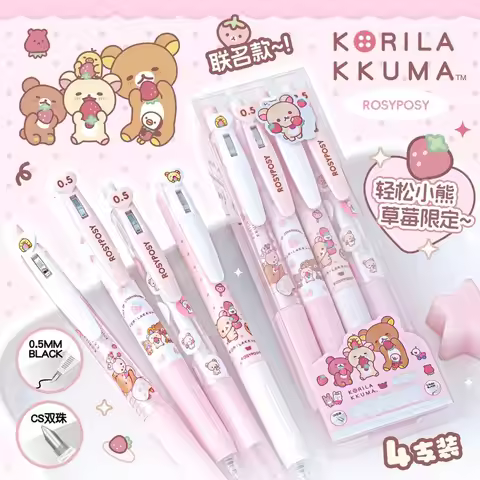 Rilakkuma Retractable Gel Pen Set Korila Kkuma Strawberry Cute Heart Zero Five Mm Black Ink Pens For