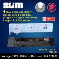 4 Way Extension Safety Socket with 4 USB 3.1A (2 Type A & 2 Type C USB Ports)