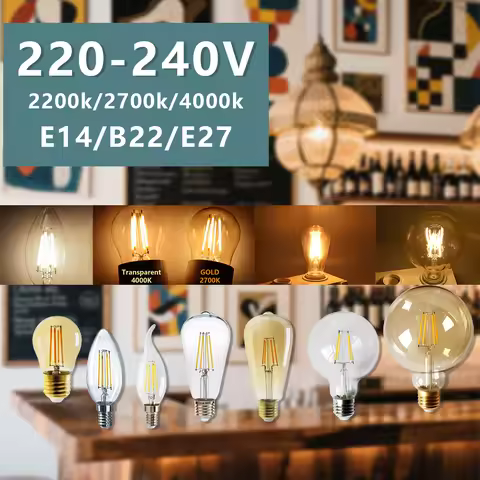 8pcs C35 A60 ST64 220V 240V Led Edison Filament Bulb E27 B22 E14 Vintage 2700K 4000K Warm Glass Lamp