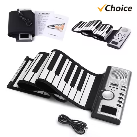 61 Keys Roll Up Piano Keyboard Portable Soft Silicone Electronic Piano with Built-in Speaker LCD Dis
