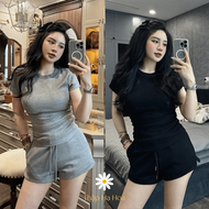 Set đồ nữ áo thun bóp eo ôm body kèm quần đùi cạp chun dây rút T08