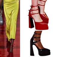 European American Catwalk Buckle Strap Thick Heel Pointed Toe Hollow Patent Leather Sandals Ultra Hi