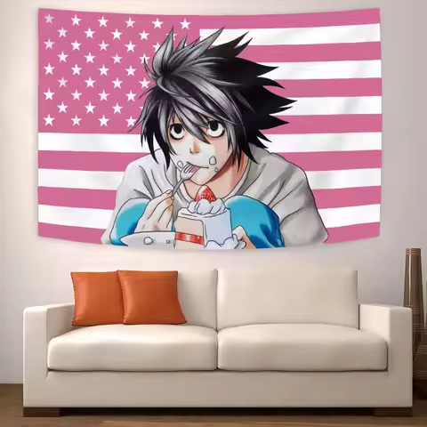 Death Note L Lawliet Tapestry, Anime American Flag Wall Hanging, Bedroom & Garage Decor, Custom Anim