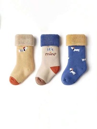 3入組兒童冬季加厚保暖毛巾襪,中筒長度,防滑,地板襪,適用於男女童
