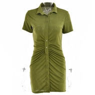 Short Sleeve Ruched Bodycon Dresses For women  Summer Sexy Mini Dress Blue Green Turn-Down Collar Button Up Shirt Dress