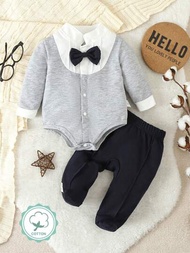 SHEIN 嬰兒男孩紳士蝴蝶結＆衣領設計白色＆灰色拼接長袖連體衣,配黑色褲子家居服2件套裝