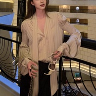 ZHAI AIAIA Antique Gold Ribbon Design V-neck Long-Sleeved Shirt for Women - Autumn Fashion