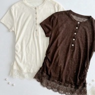 INFINITY : Vory Top (Wory) Comfortable Short-Sleeved Shirt Round Neck Design With Pleated Details On