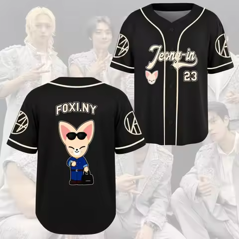 Stray Kids SKZOO Baseball Jersey Men Women Cartoon Character Short Sleeve Button Up Kpop Fans Casual