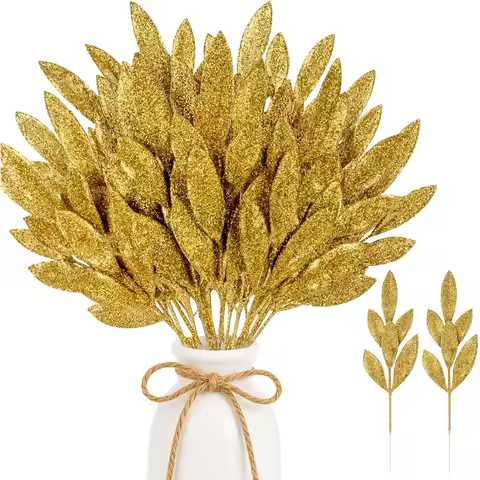 Glitter Artificial Leaf Spray Picks Bay Leaf Stems Sparkling Glitter Leaves, Christmas Tree Decor Pi