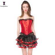 Red Women's Sexy Gothic Lace Up Boned Vintage Corset and Bustiers Dress With Skirt Plus Size 036#