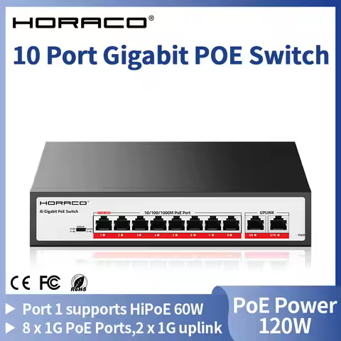 HORACO 10 Port 1000M POE Switch 2 Gigabit Uplink 1000BASE-T RJ45 Networking Switcher 120W Unmanaged 